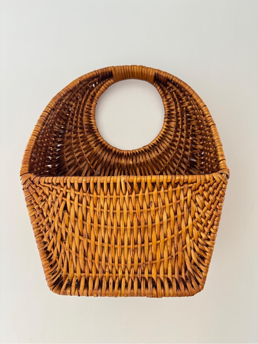 Natural Brown Rattan Wall Basket Tote Circular Handle Storage 13" Handmade